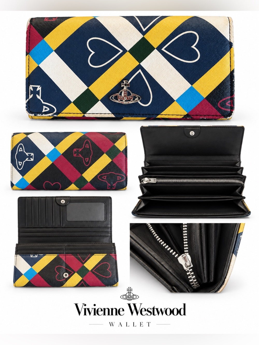 Vivienne Westwood Navy Yellow Red Multicolor Plaid Heart Continental Wallet
